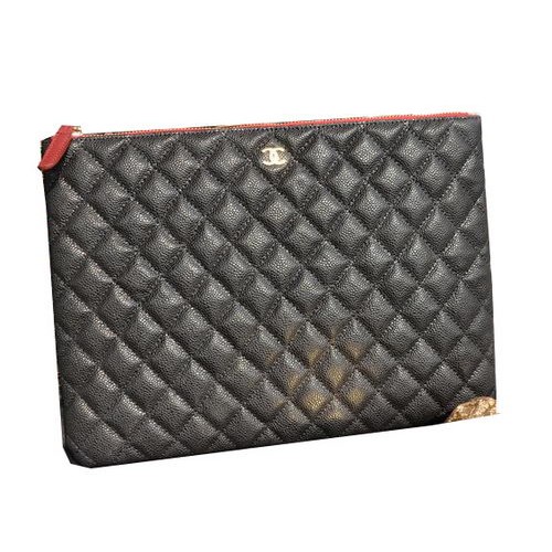 Chanel Clutch Bag Black Cannage Pattern Cuero A82044 Oro