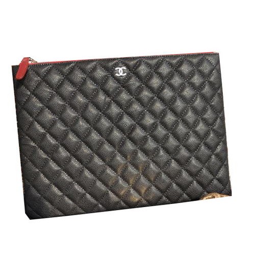 Chanel Clutch Bag Black Cannage Pattern Cuero A82044 Plata