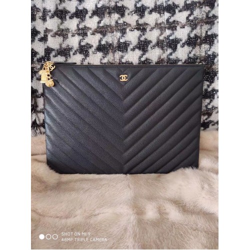 Bolso de mano Chanel Cuero de caviar negro 7012 Oro