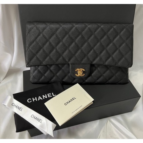 Bolso Chanel Clutch Cuero Caviar Negro 7013 Oro