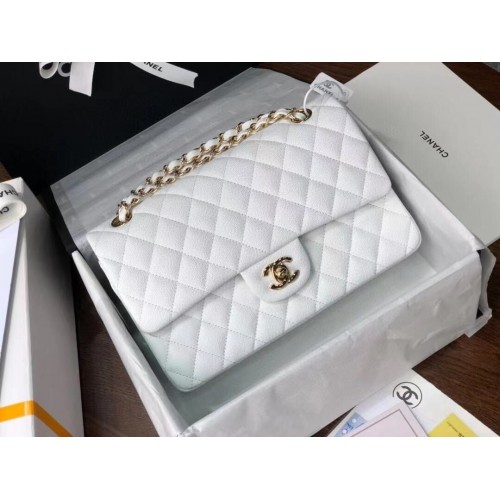 Chanel Bolsos con Doble Solapa Original Blanco Caviar Cuero A36097 Oro