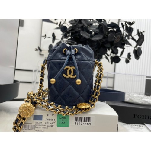 Bolso con cordón Chanel Gold Metal A68081 azul oscuro