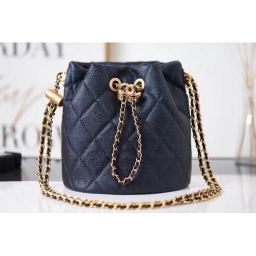 Chanel Bolso con cordón Piel de becerro granulada Metal dorado AS2859 negro