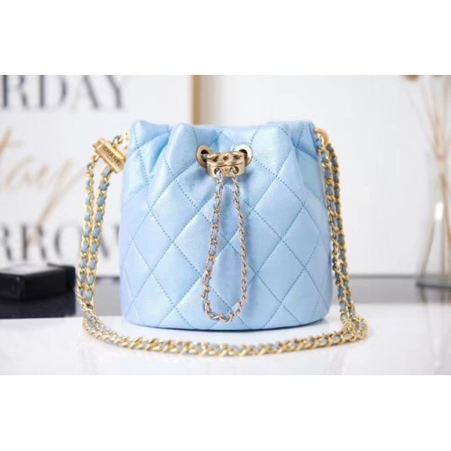 Chanel Bolso con cordón Piel de becerro granulada Metal dorado AS2859 azul claro