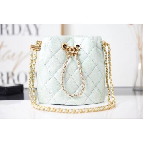 Bolso con cordón Chanel Piel de becerro granulada Metal dorado AS2859 verde claro
