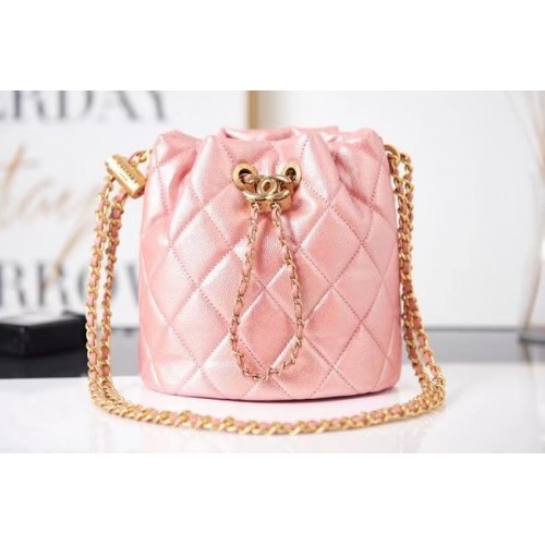 Chanel Bolso con cordón Piel de becerro granulada Metal dorado AS2859 rosa