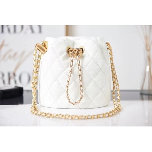 Chanel Bolso con cordón Piel de becerro granulada Metal dorado AS2859 blanco