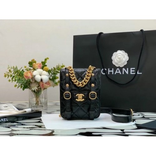 Chanel BOLSO CON SOLAPA Piel de ternera envejecida Metal dorado AS2695 Negro