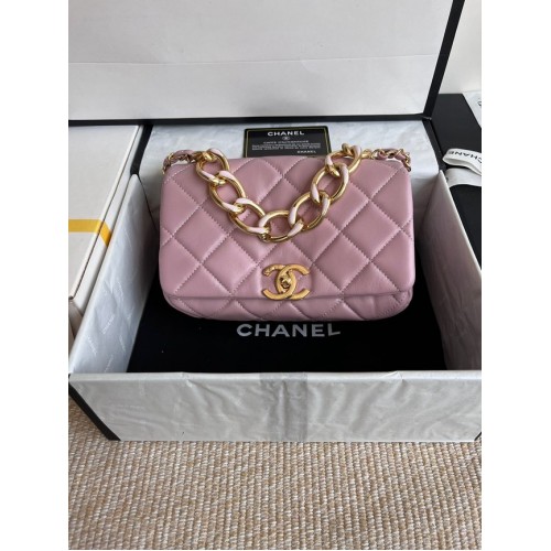 Chanel BOLSO CON SOLAPA Piel de cordero Metal dorado AS3366 rosa