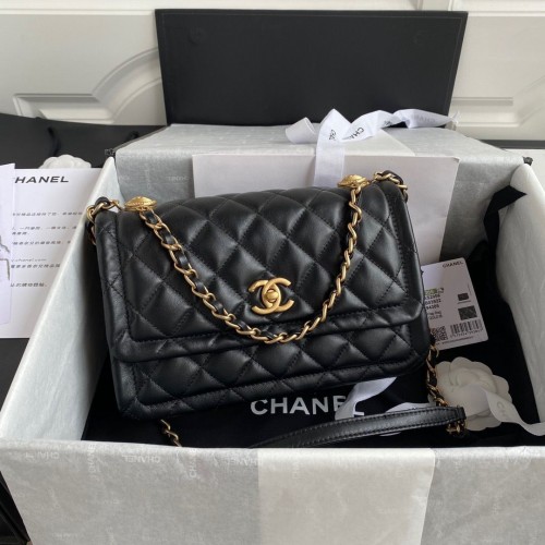 Bolso con solapa Chanel Piel de cordero Metal dorado AP1737 Negro