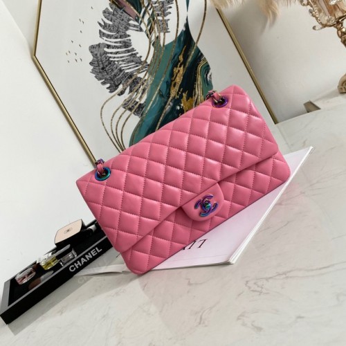 Bolso de hombro con solapa de piel de cordero Chanel 1112 rosa