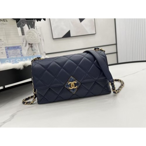Bolso bandolera Chanel Flap Lambskin AS2557 azul oscuro