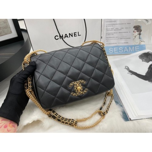 Bolso de hombro con solapa de piel de cordero Chanel AS2975 negro