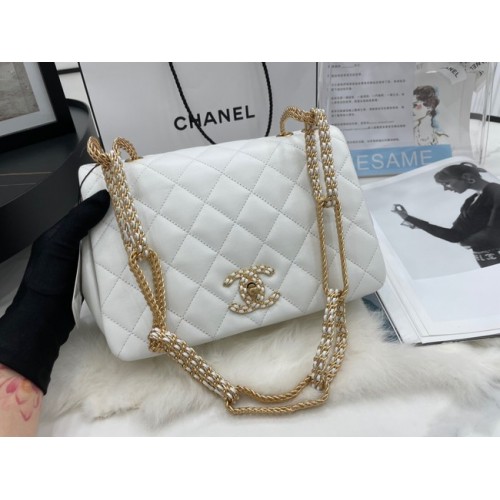 Bolso de hombro con solapa de piel de cordero Chanel AS2976 blanco