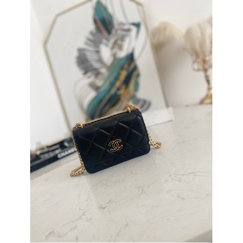 Bolso de hombro pequeño con solapa de piel de cordero Chanel 81185 negro