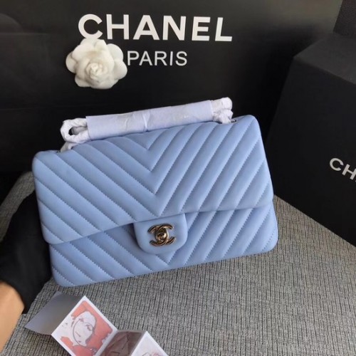 Bolso de hombro Chanel Flap Original de piel de oveja 1112V Cadena de plata azul claro