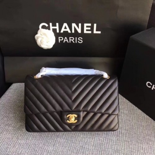 Chanel Flap Shoulder Bag Negro Original Piel De Oveja CF1112V Oro