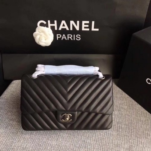 Chanel Flap Shoulder Bag Negro Original Piel De Oveja CF1112V Plata