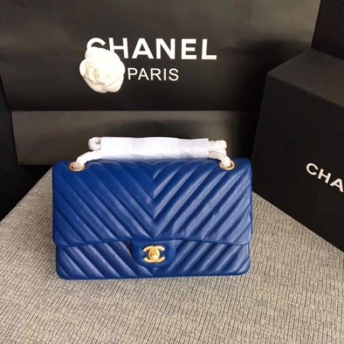 Chanel Flap Bandolera Azul Original Piel De Oveja CF1112V Oro