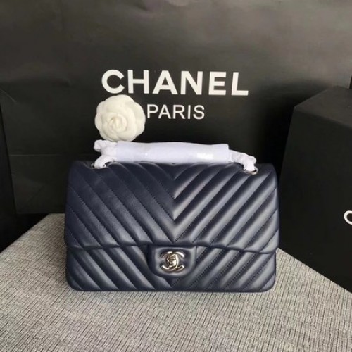 Chanel Flap Bandolera Azul Oscuro Original Piel De Oveja CF1112V Plata