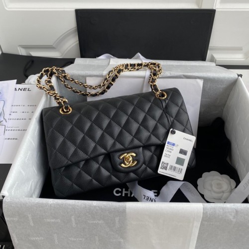 Bolso de hombro con solapa Chanel Cuero de caviar granulado A01112 Metal en tono dorado negro