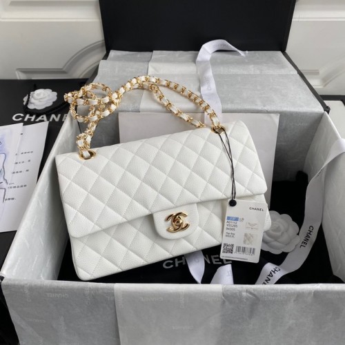Chanel Flap Shoulder Bag Grained Caviar A01112 metal dorado blanco