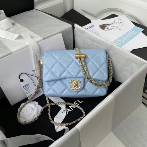 Chanel Flap Shoulder Bag Piel de becerro granulada AS2855 azul cielo
