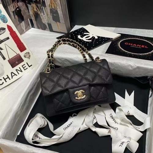 Chanel Bolso de hombro con solapa Piel de becerro granulada AS9960 negro