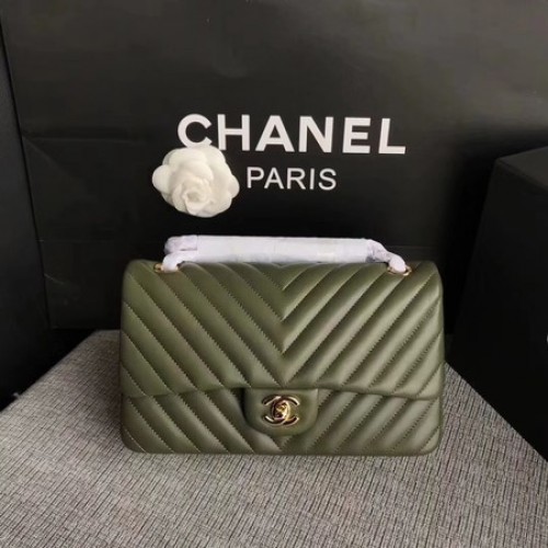 Chanel Flap Bandolera Verde Original Piel De Oveja CF1112V Oro