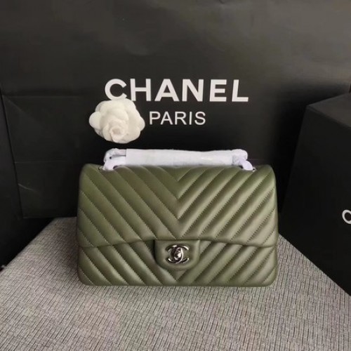 Chanel Flap Bandolera Verde Original Piel De Oveja CF1112V Plata