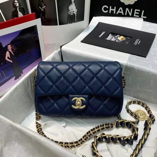 Chanel Flap Shoulder Bag Cuero original AS2543 azul oscuro