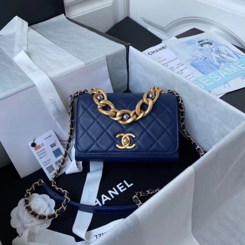 Chanel Flap Shoulder Bag Cuero original AS2638 azul