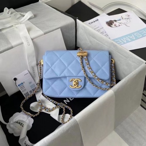 Chanel Flap Shoulder Bag Cuero original AS2855 azul cielo