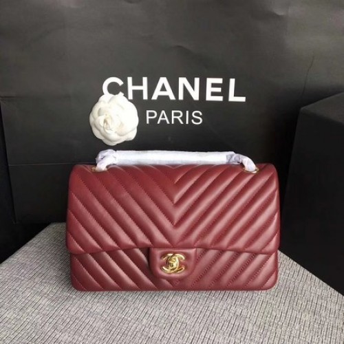 Chanel Flap Bolso de Hombro Vino Original Piel de Oveja CF1112V Oro