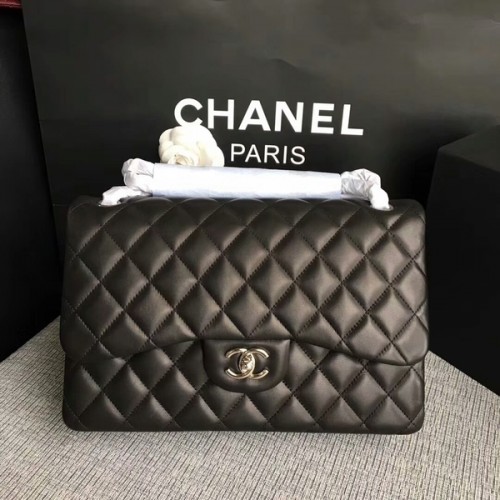 Chanel Flap Bolsos de Hombro Negro Original Piel de Cordero CF1113 Plata