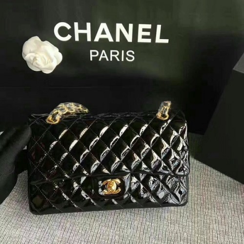 Chanel Flap Bolsos de Hombro Negro Original Charol CF1112 Oro