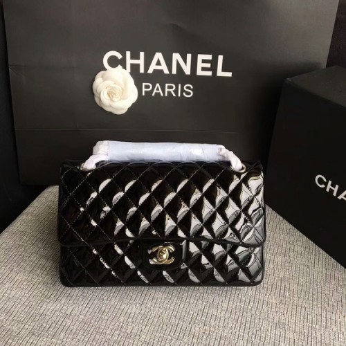Chanel Flap Bolsos de Hombro Negro Original Charol CF1112 Plata