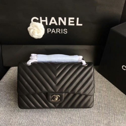 Chanel Flap Bolsos de Hombro Negro Original Piel de Oveja CF1112 Plata