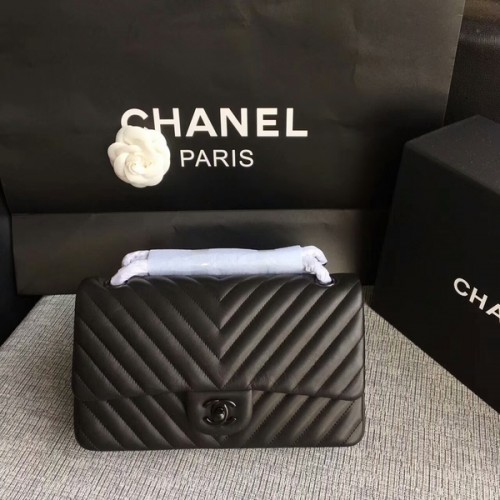 Chanel Flap Bolsos de Hombro Negro Original Piel de Oveja CF1112