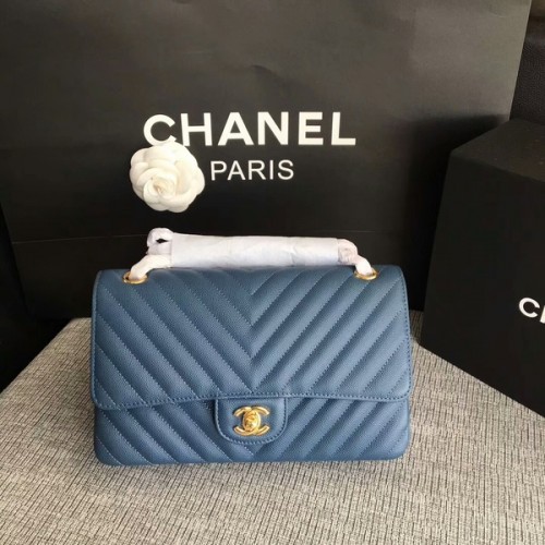 Chanel Flap Bolsos de Hombro Azul Original Piel de Becerro CF1112 Oro