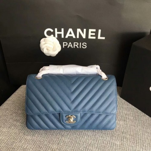 Chanel Flap Bolsos de Hombro Azul Original Piel de Becerro CF1112 Plata