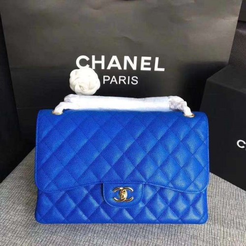 Chanel Flap Bolsos de Hombro Azul Original Piel de Becerro CF1113 Oro