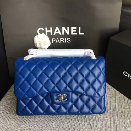 Chanel Flap Bolsos de Hombro Azul Original Piel de Cordero CF1113 Plata