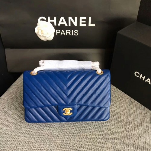 Chanel Flap Bolsos de Hombro Azul Original Piel de Oveja CF1112 Oro