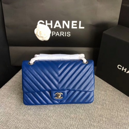 Chanel Flap Bolsos de Hombro Azul Original Piel de Oveja CF1112 Plata