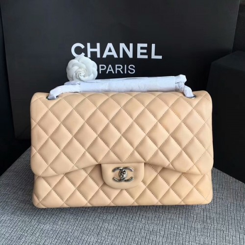 Chanel Flap Bolsos de Hombro Camel Original Piel de Cordero CF1113 Plata