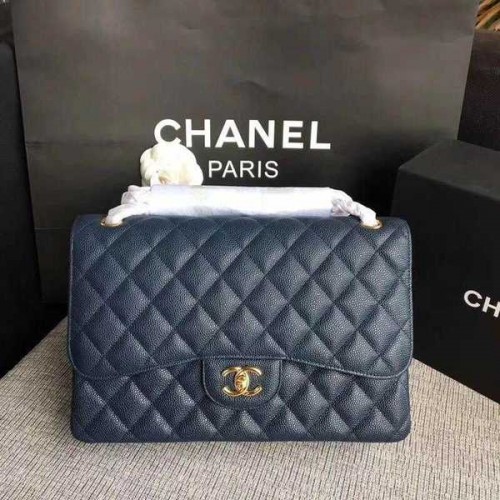 Chanel Flap Bolsos de Hombro Azul Oscuro Original Piel de Becerro CF1113 Oro