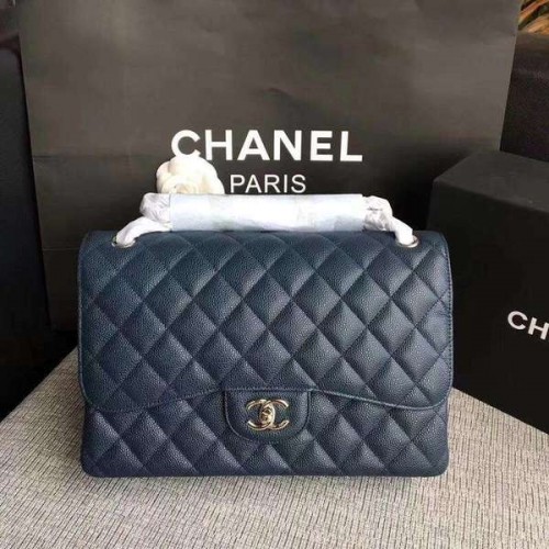 Chanel Flap Bolsos de Hombro Azul Oscuro Original Piel de Becerro CF1113 Plata