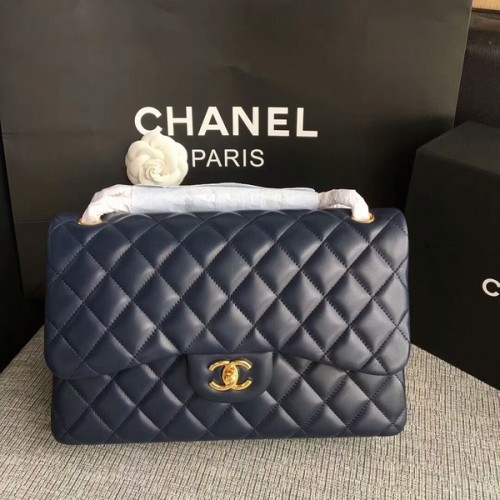 Chanel Flap Bolsos de Hombro Azul Oscuro Piel de Cordero Original CF1113 Glod