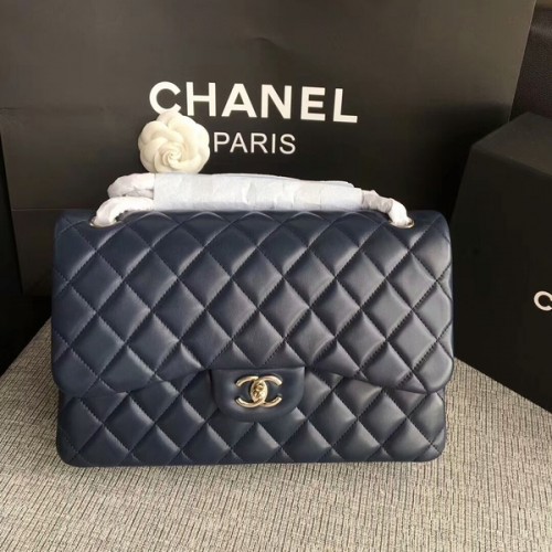 Chanel Flap Bolsos de Hombro Azul Oscuro Piel de Cordero Original CF1113 Plata